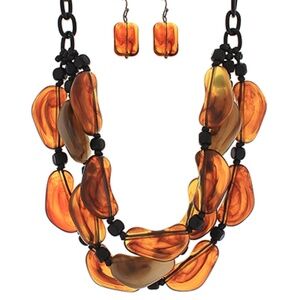 Bean Shape Marble Stone & Chain Necklace Set